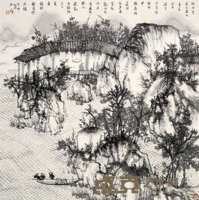 何加林 2004年作 临江秋渔图 画心 69×69cm